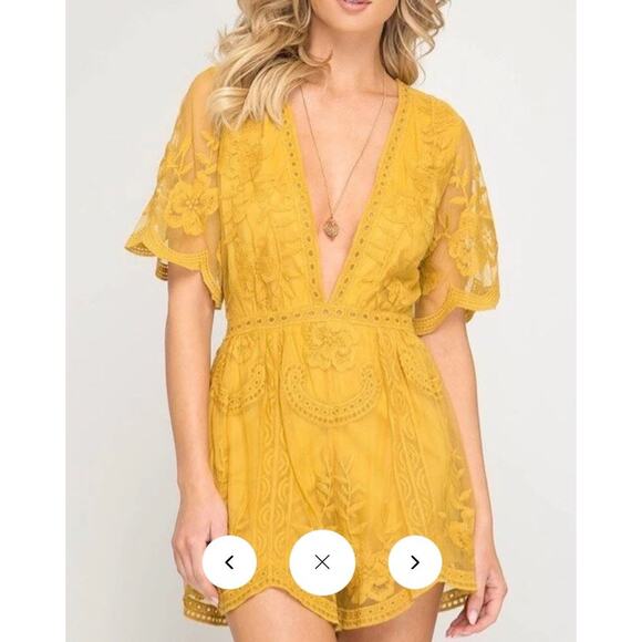 NWOT - For What It's Worth Lace Romper in Mustard - Size L